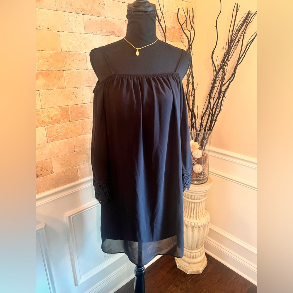 Off-the-Shoulder Black Dress with Lace Sleeves